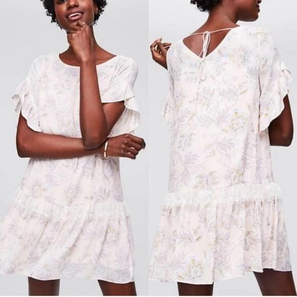Ann Taylor LOFT Size Small Floral Ruffled Lace Flutter Sleeve Mini Dress Pink - Picture 1 of 7